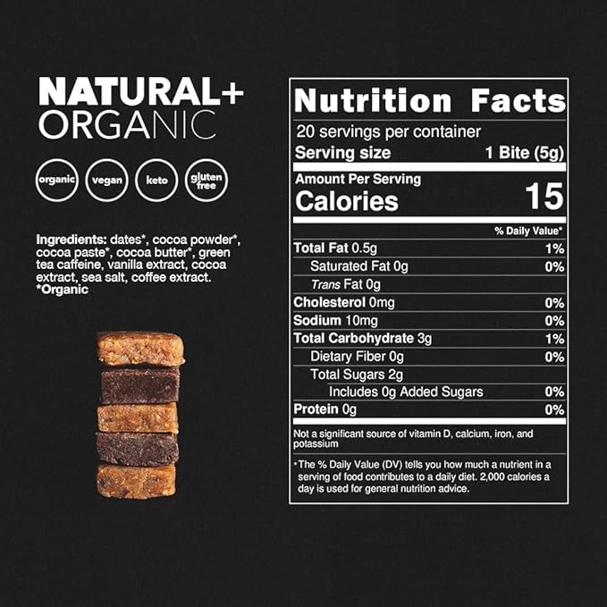 CAFF All Natural Energy Bites - Caffeinated Chocolate Flavored Chew for Energy Boost - No Added Sugar - 65mg Caffeine Chocolate Bars – 15 Calorie Organic Caffeine Snacks - Vegan, Gluten-Free, Keto (20 Bites)