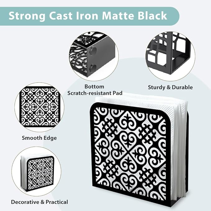 Retro Pattern Decorative Black Metal Napkin Holder for Table, 4.9" x 4.9" x 1.9" Standing Napkin Holder for Home Kitchen Restaurant Picnic Party Coffee Bar Dining Room