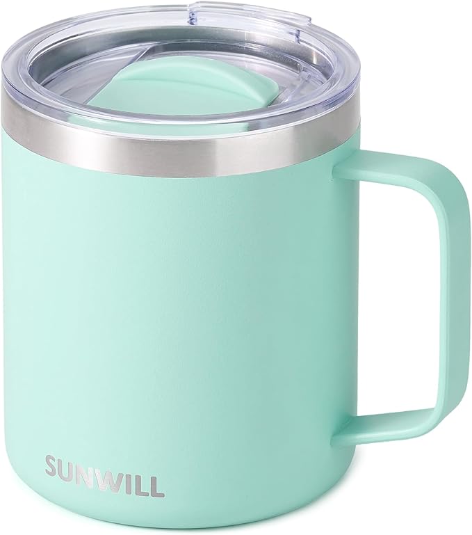 SUNWILL Insulated Coffee Mug with Lid, Travel Tumbler with Handle, 14 oz Stainless Steel Cup for Camping, Office, Home, Powder Coated Mint
