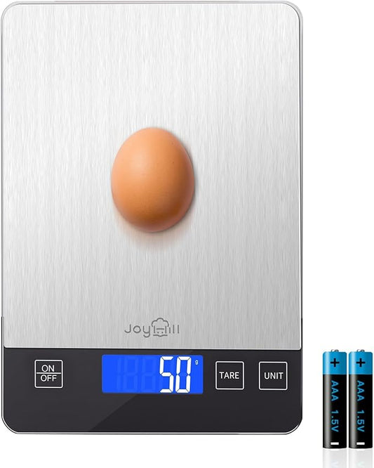 JOYHILL Food Scale, 10kg/1g Digital Kitchen Scale, Food Scale Grams and Ounces for Baking and Cooking, Premium Stainless Steel with LED Display, Batteries Included