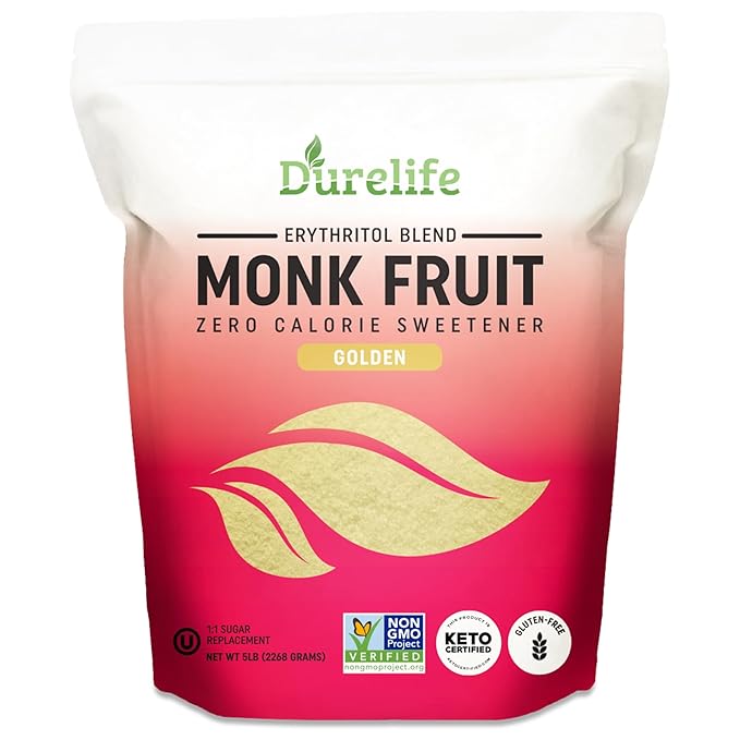 Durelife Golden Monk Fruit Sweetener, 1:1 Sugar Replacement, Keto Diet Friendly, Zero Calorie, Kosher Sugar Substitute Crystal, Golden - 5 lb Bulk Size (Packaging May Vary)