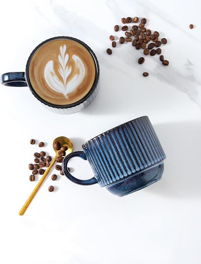 Hasense Coffee Mug Ceramic Set of 2 with Stand - 15 oz Stackable Coffee Cups for Wedding & Housewarming Gifts - Microwave Dishwasher Safe, Navy Blue