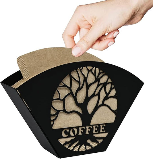 Stylish Coffee Filter Holder with Iron Fan Shape Evenly Spread out Filters, Coffee Filter Rack with Tree of Life Decor Upgrade Your Coffee Enjoyment, Perfect for Home or Office Use (Black)