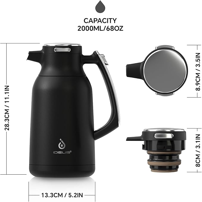 IDEUS Thermal Coffee Carafe 68oz (2,000ml), Stainless Steel Double Wall Insulated Vacuum Flask, Water Jug Coffee Server and Beverage Dispenser, Heat and Cold Retention (Black-Silver, 68oz (2,000ml))