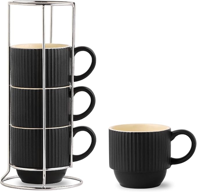 Hasense Black Coffee Mug Porcelain Set of 4 with Rack - 12 oz Stackable Coffee Cups Ceramic, Modern Ribbed Latte Cup Sets for Cappuccino, Tea, Espresso, Hot Cocoa, Drinks - Dishwasher & Microwave Safe