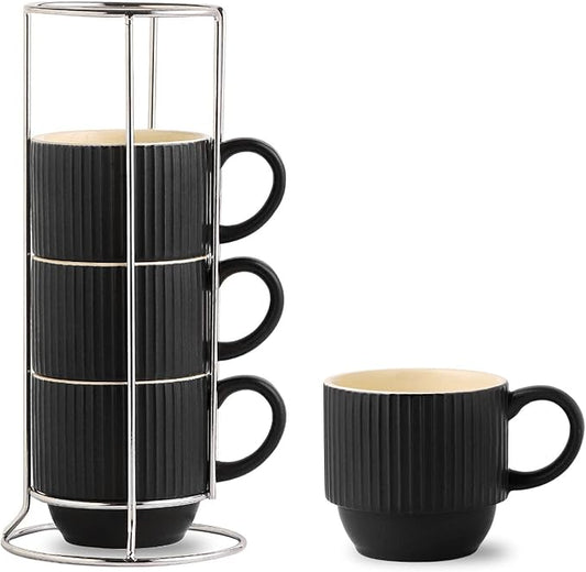 Hasense Black Coffee Mug Porcelain Set of 4 with Rack - 12 oz Stackable Coffee Cups Ceramic, Modern Ribbed Latte Cup Sets for Cappuccino, Tea, Espresso, Hot Cocoa, Drinks - Dishwasher & Microwave Safe