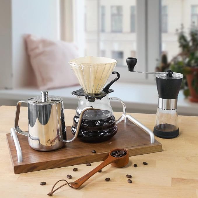 SOTECH Pour Over Coffee Maker Set with Black Gooseneck Kettle Wooden Filter Holder Coffee Dripper Glass Server with Paper Coffee Filters,DIY Manual Coffee Maker Set (Eco-Setbag)
