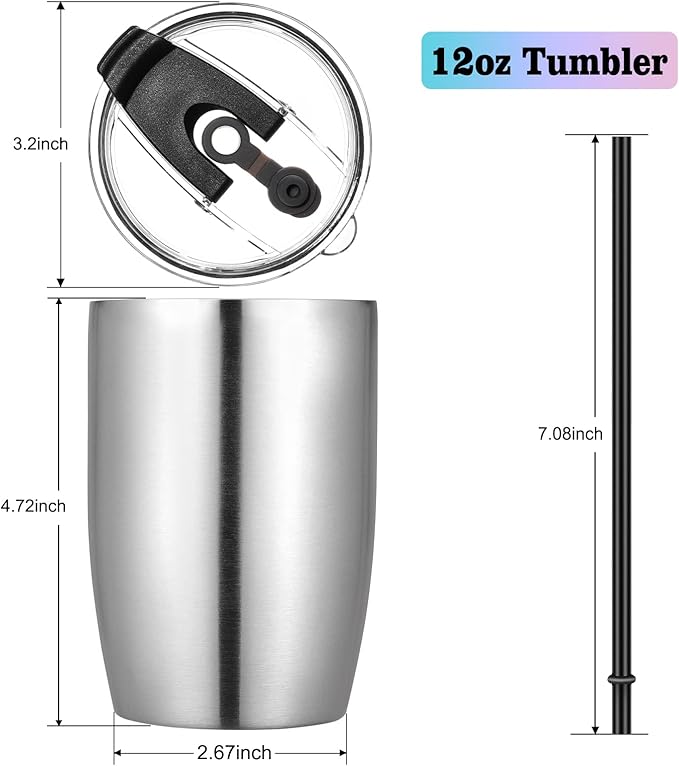VEGOND Stainless Steel 12 oz Tumblers bulk Vacuum Insulated Double Wall Travel Tumbler with Lid and Straw Reusable Tumbler,Stainless 12 pack