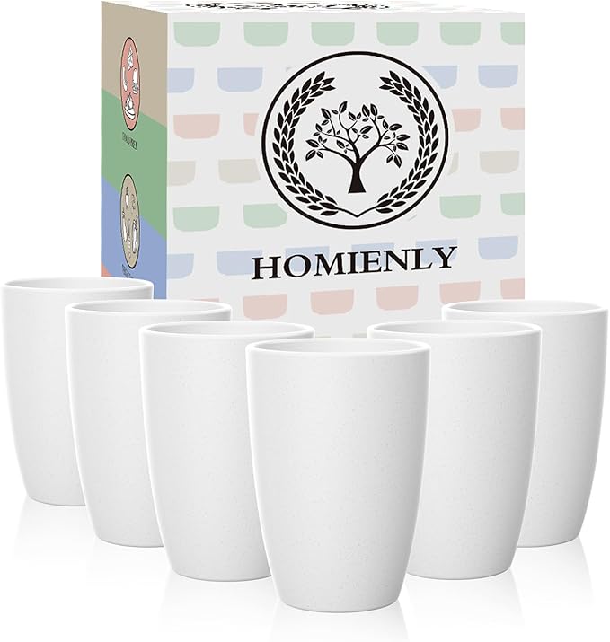 Homienly Wheat Straw Drinking Glasses, 12 OZ Alternative to Plastic Cups Set of 6, Reusable Drinking Cups for Kitchen, Outdoor, Unbreakable Lightweight Water Tumblers, Dishwasher Safe Cup Set(White)