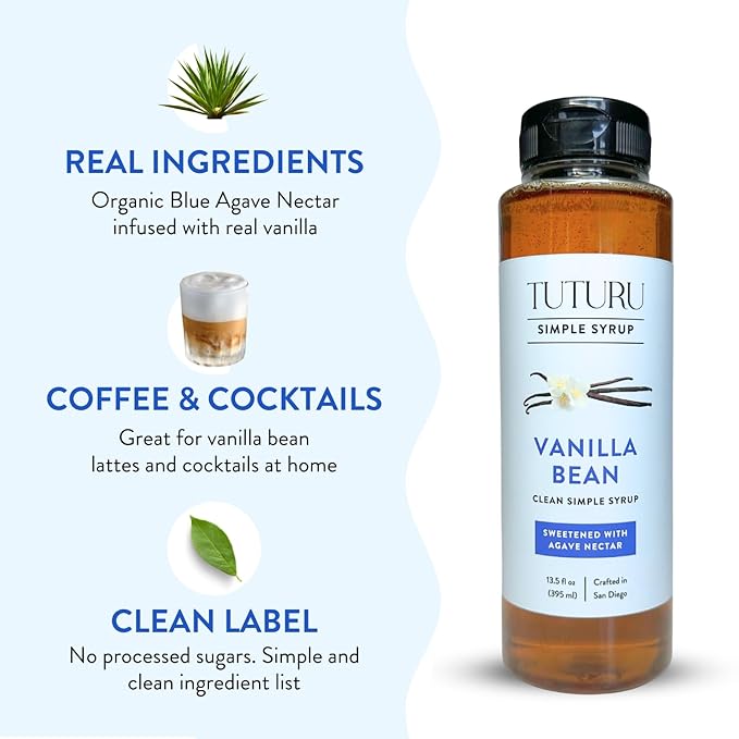 Vanilla Bean Agave Simple Syrup for Coffee & Cocktails - Sweetened with Organic Agave Nectar - Infused with Real Vanilla Bean - 13.5 oz