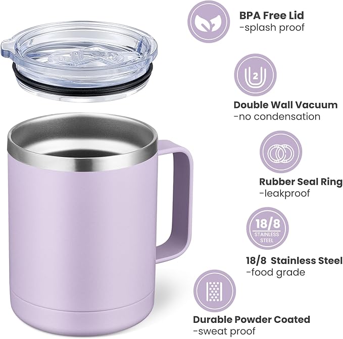 MEWAY 12oz Coffee Mug With Handle 2 Pack Bulk,Stainless Steel Insulated Travel Tumblers With Sliding Lid,Double Wall Vacuum Camping Cup for Hot & Cold Drinks Tea (Lilac&Pink,Set of 2)