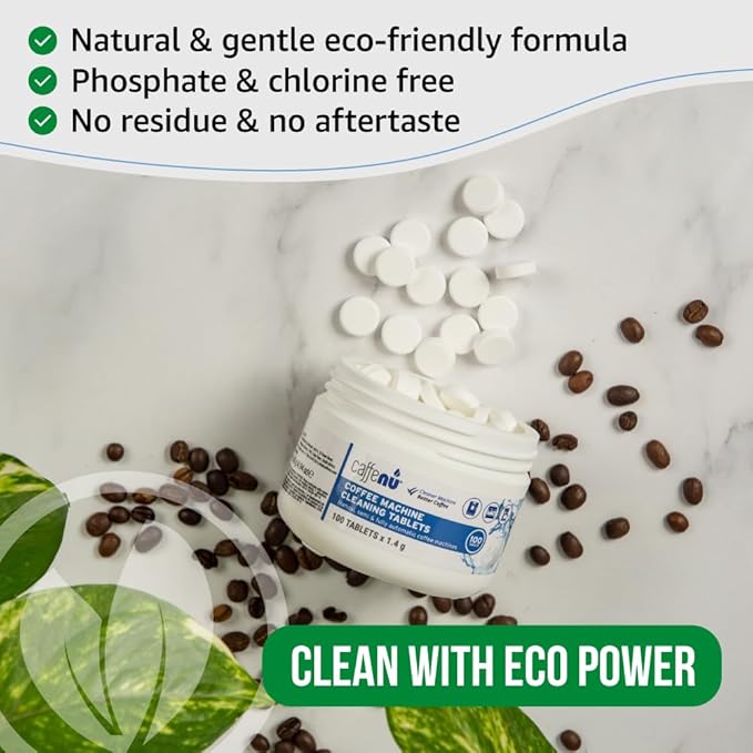 Caffenu Espresso Machine Cleaning Tablets 100 Count used every 100 cups. Automatic, Superautomatic & Bean to Cup. Use with Descaling