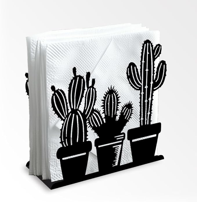Cactus Decorative Black Metal Napkin Holder for Table, 4.9" x 4.9" x 1.9" Standing Napkin Holder for Home Kitchen Restaurant Picnic Party Coffee Bar Dining Room