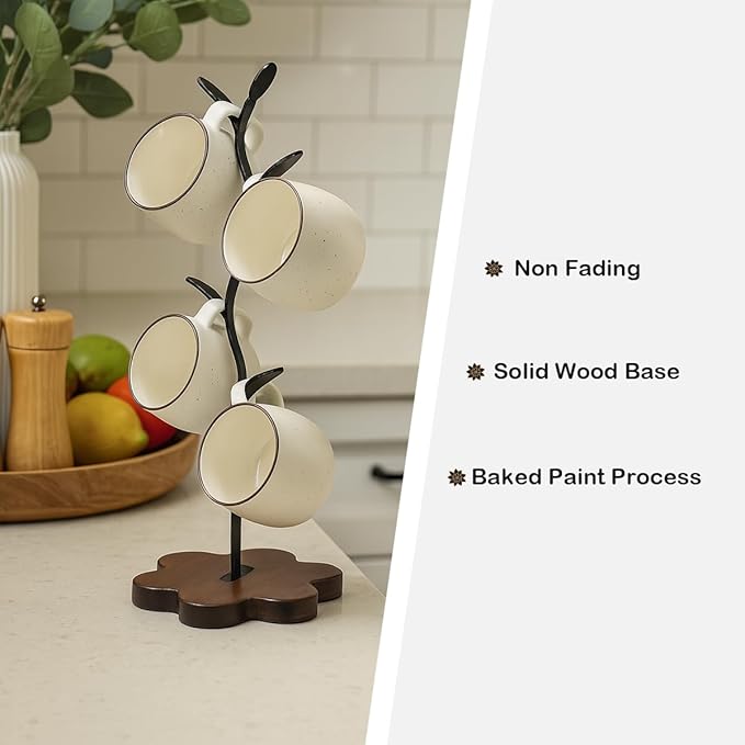 Mug Tree for Coffee Cups – Rustic Mug Holder Stand with 4 Hooks, Countertop Cup Rack for Coffee Bar & Kitchen Organization
