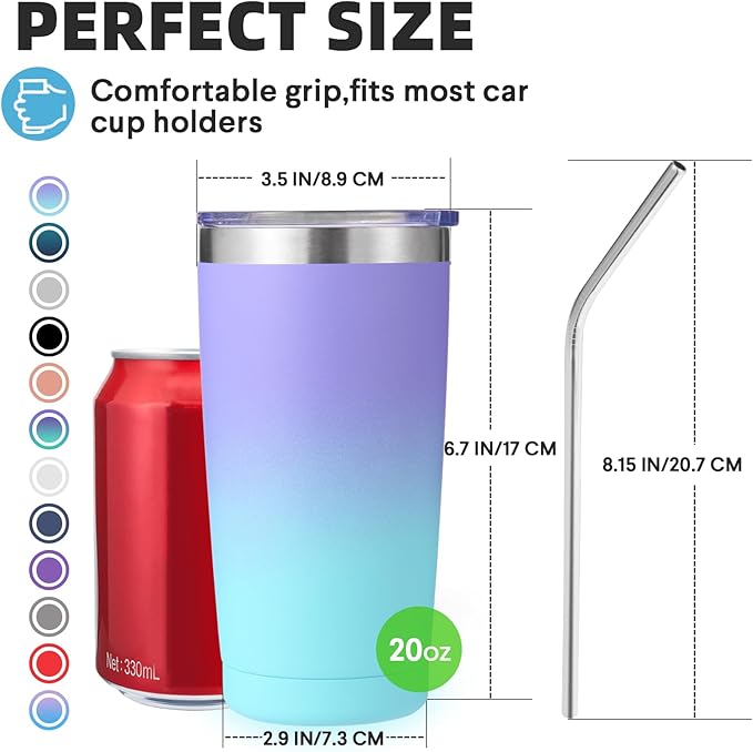 Volhoply 20oz Stainless Steel Tumbler with Lid and Straw,Double Wall Insulated Travel Iced Coffee Mug Fits Cup holder,Powder Coated Cups for Hot and Cold Drinks,Gifts for Women Men（Purple Bule,1 Set）