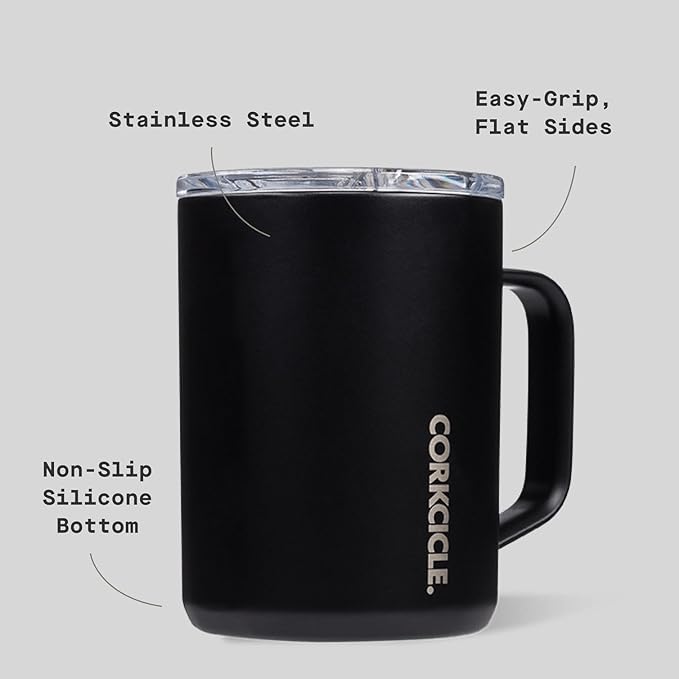 Corkcicle Classic Coffee Mug - Triple Insulated Stainless Steel for Travel - Shatter-Proof Lid - Easy Grip - Keeps Drink Hot Over 3 Hours - Holiday Mug Gift - Great for Gifting Warmth - 16 oz - Black