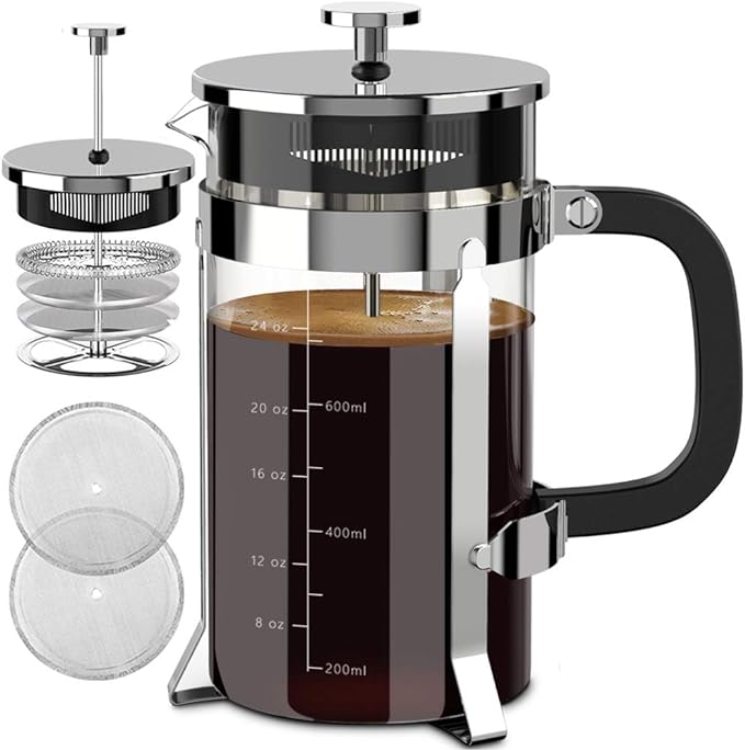QUQIYSO French Press Coffee Maker 34oz 304 Stainless Steel French Press with 4 Filter, Heat Resistant Durable, Easy to Clean, Borosilicate Glass Coffee Press, 100% BPA Free Glass Teapot, Silver