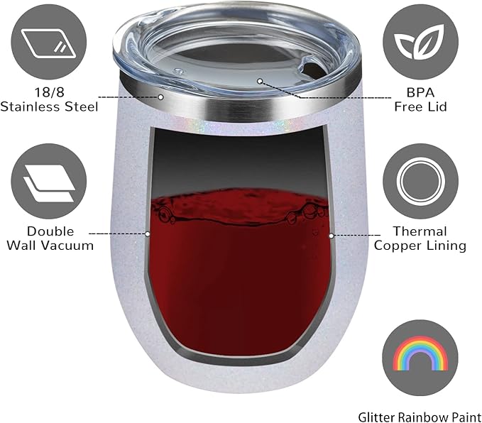 MEWAY 12oz/16 Pack Wine Tumbler Glasses with Lid - Stemless Double Wall Vacuum Stainless Steel Glitter Tumbler - Keeping Cold & Hot Cup for Coffee,Gift for Women(Rainbow White,Set of 16)