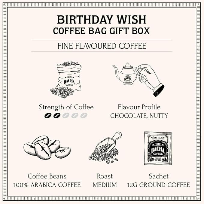 Bacha Coffee | Birthday Wish Fine Flavoured, 100% Arabica Specialty Coffee Beans, Medium Roast, x12 Individually Wrapped Single Serve Filter Bags