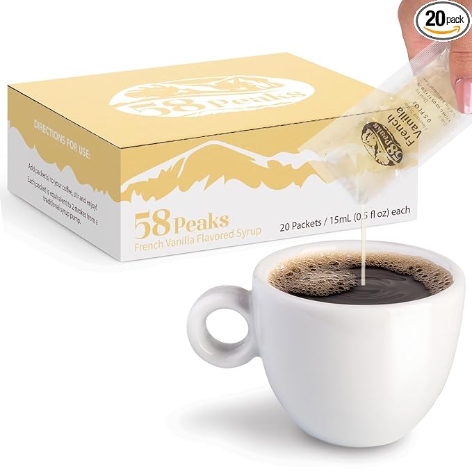 58Peaks French Vanilla Flavored Syrup Sweetener Packets for Hot and Cold Drinks | To-Go Syrup Flavoring Perfect for Coffee, Tea, Milkshake and More | Flavored Coffee Syrups for Travel | 15mL | 20-Pack