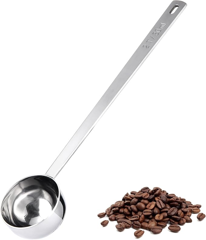 U-Taste Coffee Scoop 2 Tablespoon: 18/8 Stainless Steel Measuring Scooper for Ground Coffee, Bean, Powder, Espresso, 6.9in Long Handle Metal Meaure Spoon for Canister, Jar (2Tbsp/30ml, Silver)