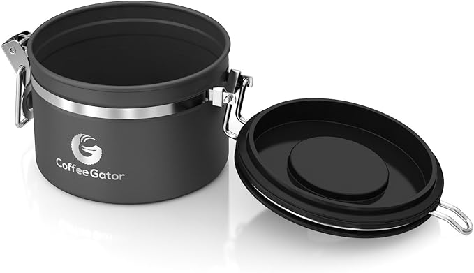 Coffee Gator Coffee Canister, 11oz Airtight Stainless Steel Kitchen Food Storage Container with Date-Tracker, CO2-Release Valve and Scoop for Beans, Grounds, Sugar, Cookies Jars, Tea, Cereal - Gray
