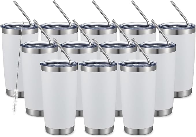 COMOOO 20oz White Tumbler Double Wall Vacuum Insulated Travel Mug Stainless Steel Coffee Mug with Lid and Straw Durable Powder Coated Insulated Coffee Cup for Cold & Hot Drinks (White,12 pack