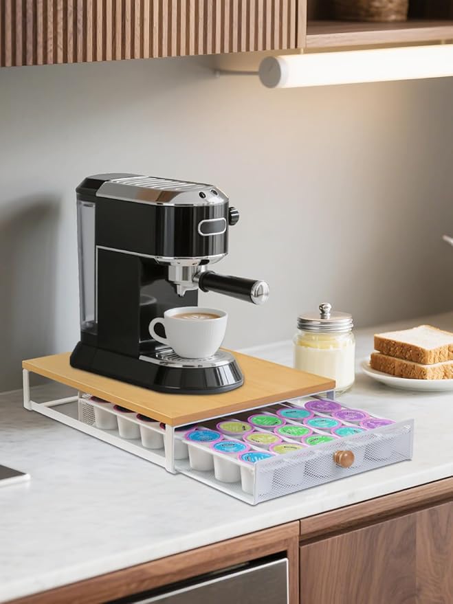 Coffee Pod Holder Counter Coffee Vertuo Capsules Storage Organizer with Sliding Drawer Compatible For K-Cup Pods Nespresso Pods No Assembly Needed Oak Color