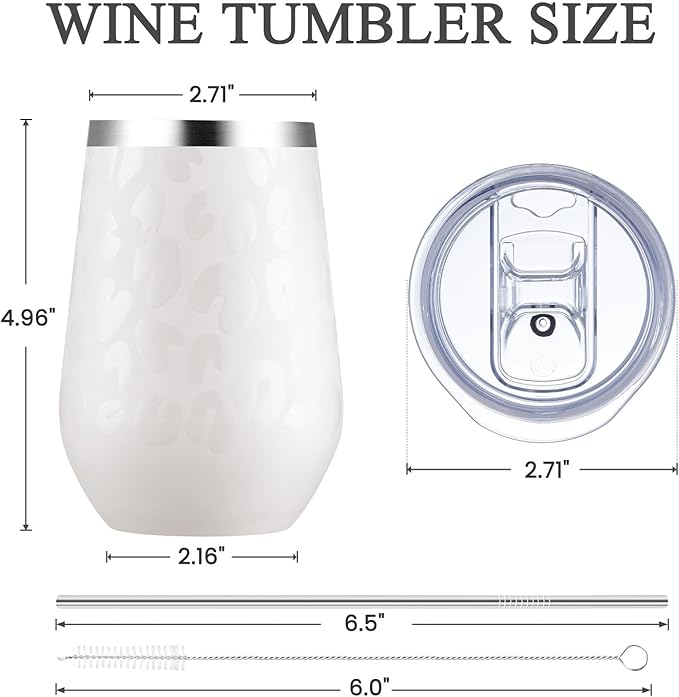 MEWAY 12oz Insulated Wine Tumbler Bulk, Double Wall Vacuum Stainless Steel Travel Tumbler with Straw,8 pack of wine tumbler glasses(Almond Leopard,Set of 8)