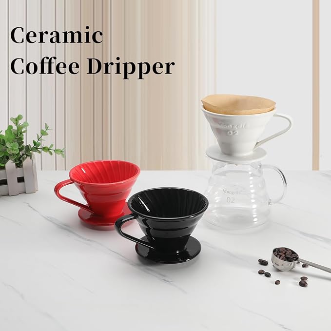 Mongdio V60 Ceramic Pour Over Coffee Dripper, Reusable Porcelain Portable Pour Over Coffee Maker, Slow Brewing Accessories with 1 Holes for Home - Size 02 Black