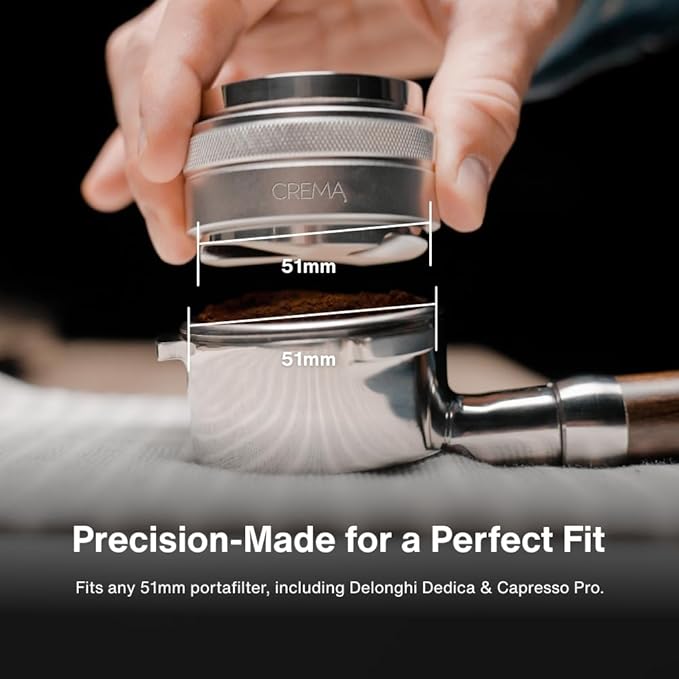 Crema Coffee Products 51mm Hand Tamper & Coffee Distributor|Compatible with Delonghi Dedica & La Specialista Portafilter|Double-Sided,Adjustable Depth Tool|Made with Durable 304 Stainless Steel|Silver
