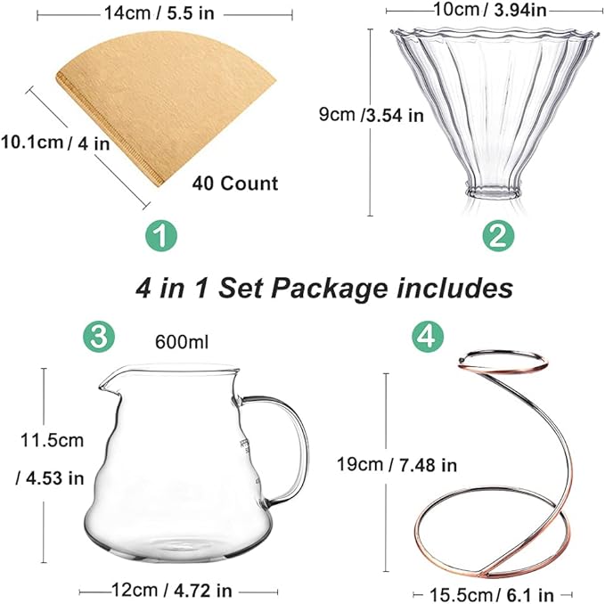 Pour Over Coffee Maker Set - Glass Dripper, Metal Stand, 600ml Heat-Resistant Server, 40 Filters - 4 in 1 for Home or Office (Bronze)