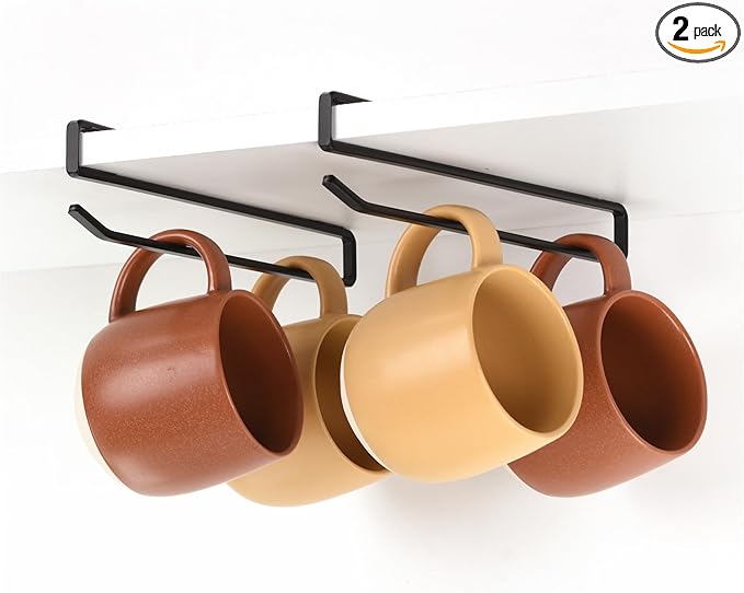 Coffee Mug Hanger for Cabinet, Clip-On Shelf, for Cups, Utensil, Tumbler Lid, Screwless Install (Pack of 2), Fits Shelves up to 3/4"