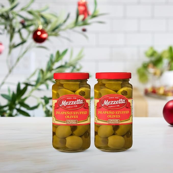 Mezzetta Jalapeño Stuffed Olives - Locally Grown Peppers from Napa Valley - Perfect Appetizer or Cocktail Addition - Crisp & Savory Green Fruits with Heat - Shipped Fresh - 6 Oz Jar - Pack of 6