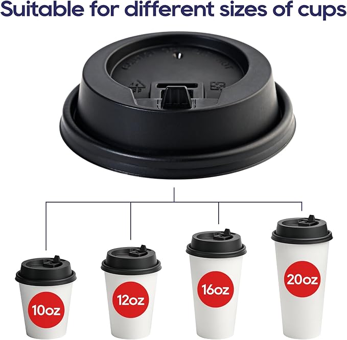 LITOPAK 200 Count Coffee Cup Lids, 3.54'' Disposable Plastic Lids for 10oz, 12oz, 16oz, and 20oz Paper Cups, Black