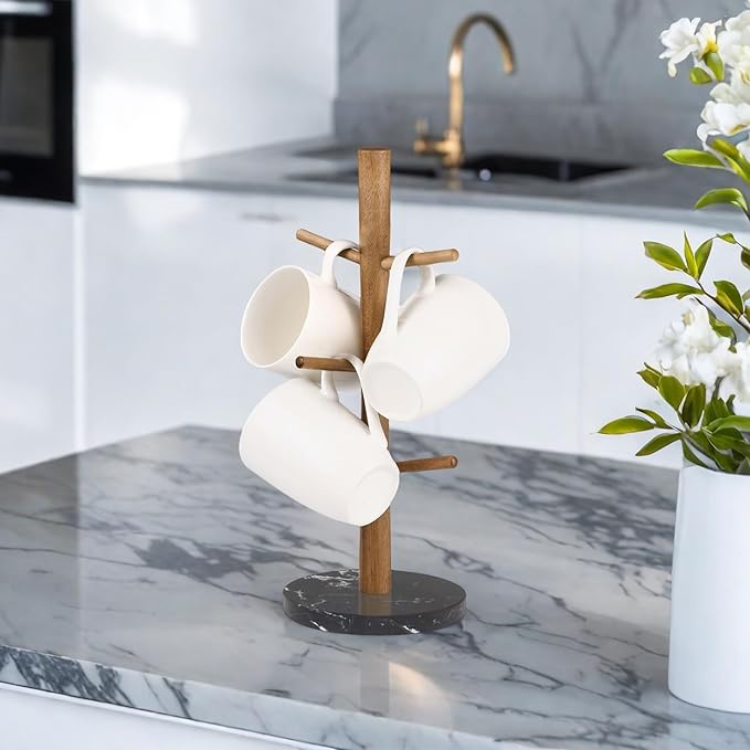 Buruis Mug Holder, Acacia Wood & Marble Base, 6 Hooks Kitchen Countertop Coffee Tea Cups Organizer