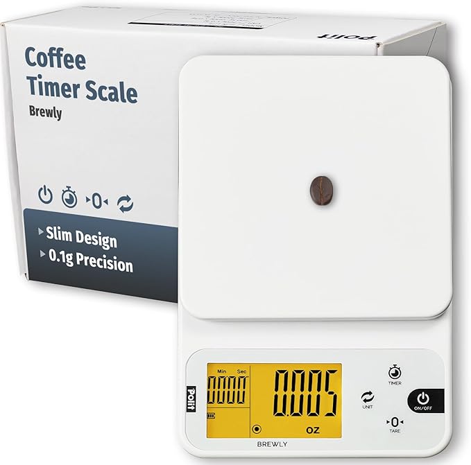 Polit Brewly Digital Coffee Scale with Timer｜6.6lb/3000g Espresso Scale 0.1g/0.005oz Triple-Range Precision｜USB-C or Battery｜Dual Timer Modes｜Small Travel Kitchen Scale for Pour-Over, Brewing & Baking