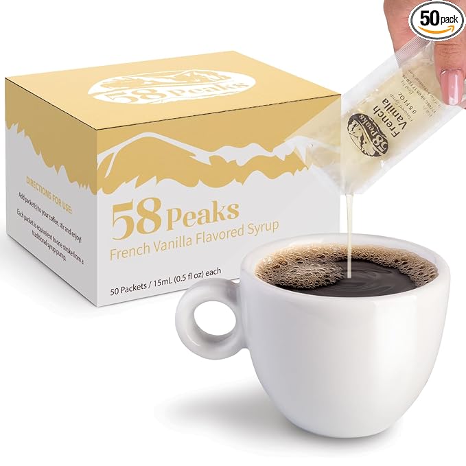 58Peaks French Vanilla Flavored Syrup Sweetener Packets for Hot and Cold Drinks | To-Go Syrup Flavoring Perfect for Coffee, Tea, Milkshake and More | Flavored Coffee Syrups for Travel | 15mL | 50-Pack