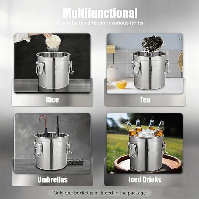 12L Stainless Steel Airtight Canister，Food Oil Sugar Milk Storage Bucket ， Rice Cereal Grain Tank Cans Container with Handles+Lid Cylinder Jar for Household Kitchen Bar Restaurants