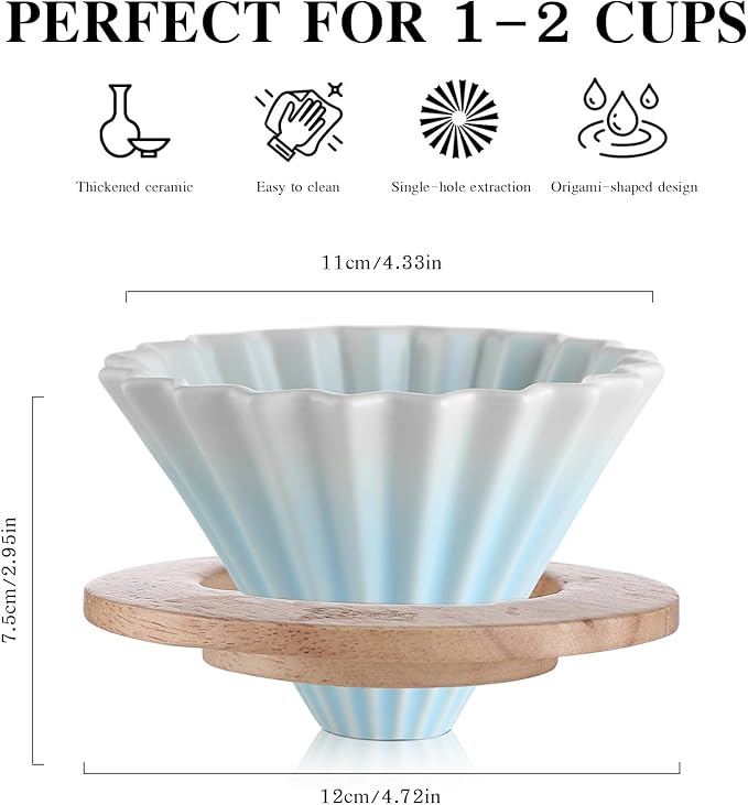 Bincoo Ceramic Coffee Dripper,Pour Over Coffee Dripper with Wood Stand, Flower-shape for 1-2 Cups Slow Brewing Maker for Home Cafe (Blue)