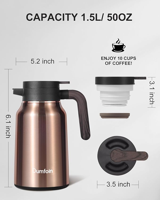 Carafes for Hot Liquids 51 oz - 12 Hour Stainless Steel Thermal Coffee Carafe-Insulated Coffee Carafes For Keeping Hot/Cold Coffee, Tea, Water, 1.5 Liter Beverage Dispenser(Gold)