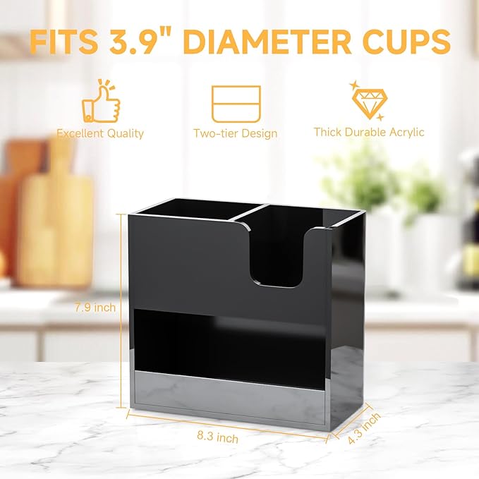 Coffee Condiment and Cup Organizer - 2-Tier Upright Cup and Lid Holder with Straw Organizer 3 Compartments Black Acrylic Cup Dispenser for Restaurant Breakroom Coffee Station Countertop