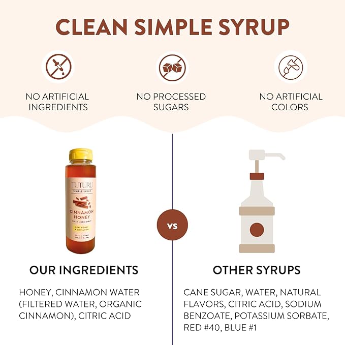 Cinnamon Honey Simple Syrup for Coffee, Cocktails, Tea, Matcha - Clean Simple Syrup with Real Cinnamon & Honey - 13.5 oz