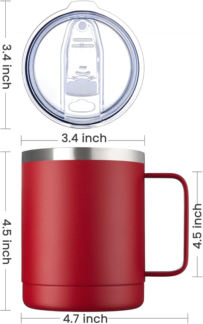 MEWAY 12oz Coffee Mug With Handle and Sliding Lid,Stainless Steel Travel Tumbler Cup with Handle,Double Wall Vacuum Insulated Camping Cup for Hot & Cold Drinks Tea (Red,Set of 1)