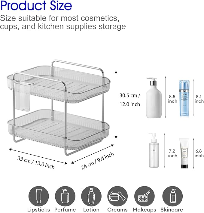FFK 2 Tier Cup Mug Rack Coffee Bar Drying Holder Stand with Removable Drain Tray Kitchen Countertop Organizer Storage Glass Bottle Drying Holder with Drainage Basket Makeup Skincare Shelf Acrylic