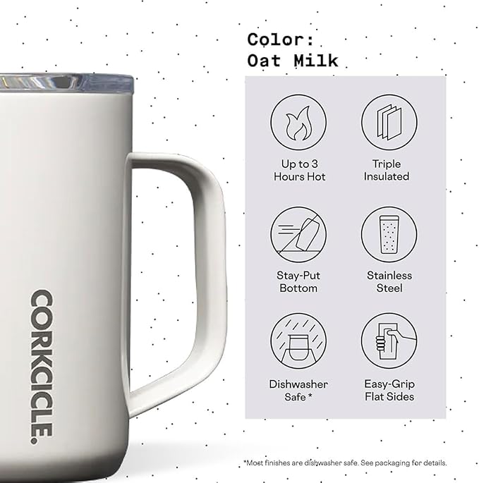 Corkcicle Classic Coffee Mug - Triple Insulated Stainless Steel for Travel - Shatter-Proof Lid - Keeps Drink Hot Over 3 Hours - Holiday Mug Gift - Great for Gifting Warmth - 16 oz - Oat Milk