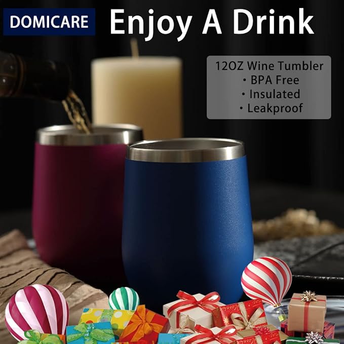 DOMICARE Stainless Steel Wine Tumbler Bulk with Lid, Personalized Insulated Tumblers Set, 12oz Travel Coffee Cups Pack of 12, Dark Blue
