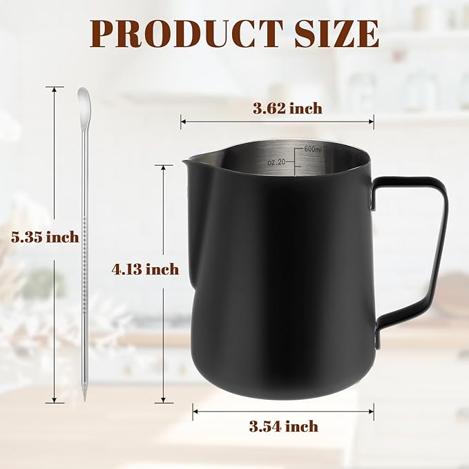 Milk Frothing Pitcher, 20oz Milk Frother Cup with Clear Scale, 304 Stainless Steel Cappuccino Espresso Machine Accessories for Barista Coffee Bar with Latte Art Pen, Black