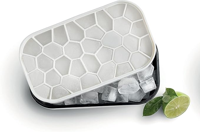Lékué Ice Box | Ice Cube Tray For Freezer With Lid & Bin | Made With 100 Percent Platinum Silicone | Elegant And Retro Style Ice Cubes | For Cocktails, Ice Tea & Coffee And More | White