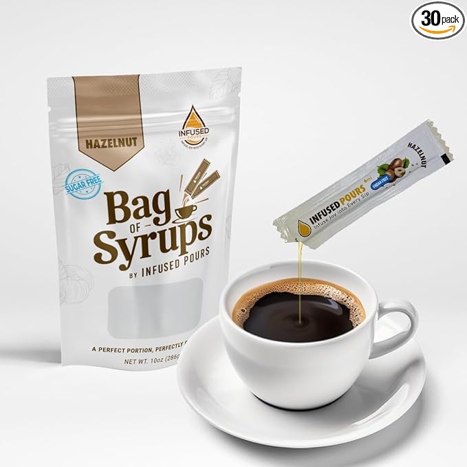 Single Serving Sugar Free Hazelnut Syrup Packets for Coffee and Cocktails - 6mL Each, 30 Count - Bag of Syrups by Infused Pours (6mL, Sugar Free Hazelnut)